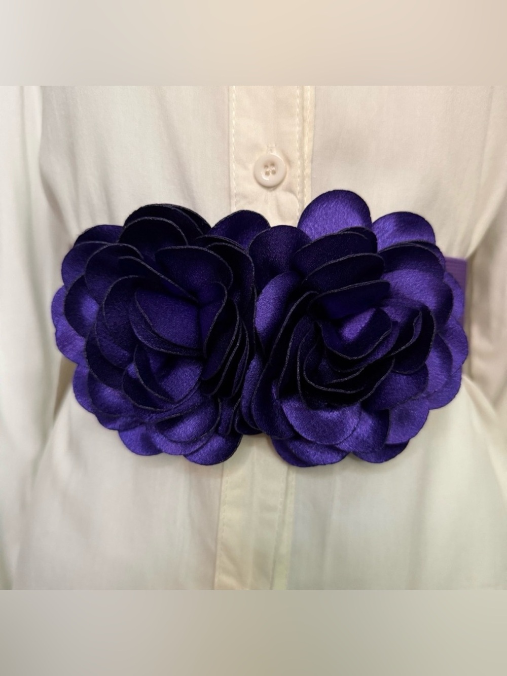 Purple statement satin double flower wide elastic waistband belt